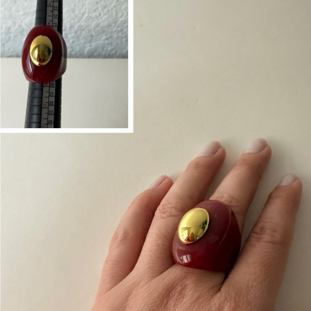 Red Resin Statement Ring w/ Gold Oval Center | Bold Retro Cocktail Ring